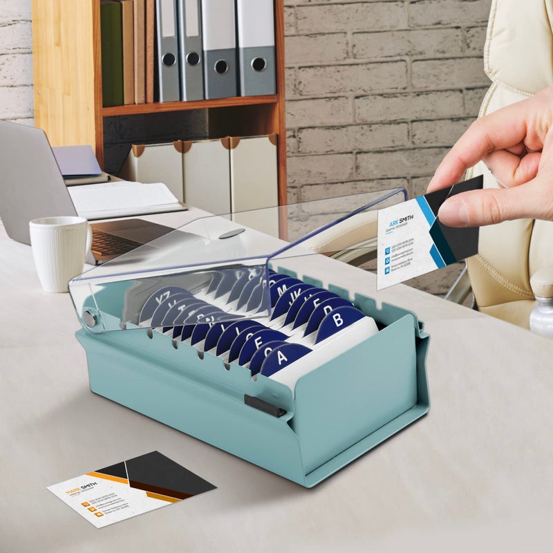 Acrimet Index Business Card Size File Holder Organizer Box Metal Base Heavy Duty (AZ Index Cards and Divider Included) (Green Color with Clear Crystal Plastic Lid Cover) - Image 4